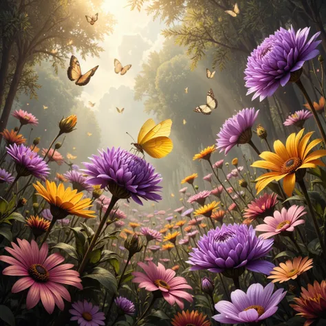 A serene composition featuring a delicate yellow butterfly perched atop a vibrant purple flower, its wings softly illuminated by golden sunbeams breaking through a gentle mist. The background is a swirling garden, filled with cheerful colors and a sense of...