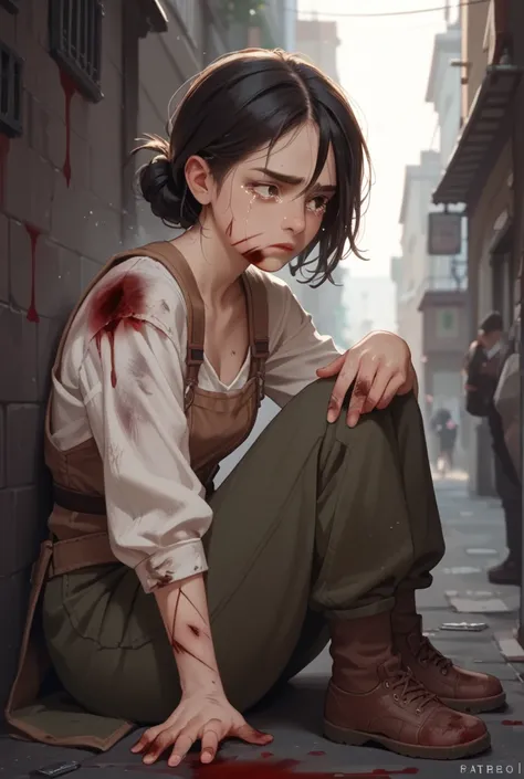 This same girl, but with wounds like she was beat up and nearly killed. Brusies on her face and skin, stab wounds, and more blood on her. Her eyes are black. She looks at the camrea, her face pained, but there are no tears. She looks like shes struggling t...