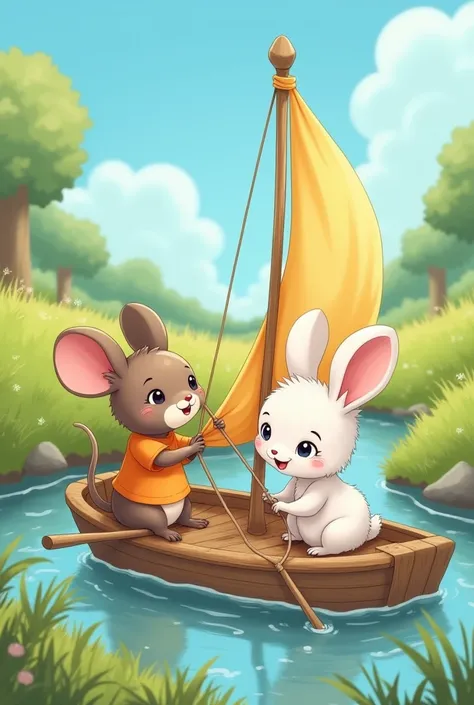 A mouse in an orange t-shirt and a white bunny are building a raft with sails