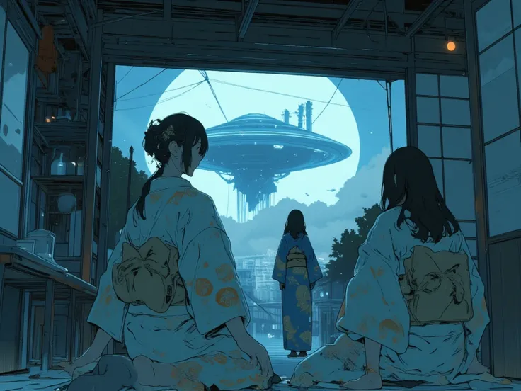 An open Japanese-style room with no windows or sliding doors　night　Three women wearing kimonos, two from behind　One of them turns around and looks at me　
Outside is a huge disc-shaped UFO, light and shadow　detail, smile, Widescreen, Chiaroscuro, Artistic, 