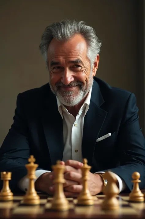 
 elaborate a hyperrealistic cinematic image of a man in an elegant suit, 60 years old, hoary, Strong playing chess .  an image that represents sophistication , luxury and elegance. head on,  clean and smiling face. expression of wisdom 