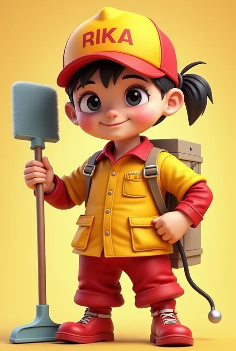  This image features crossover characters combining elements of * cleaning service attendants * and *teknisi and tukang*,  with a colored costume  *merah and kuning*.  This character holds  * their work tools * and dijuluki *"DIRUMA * Kostumnya memadukan w...