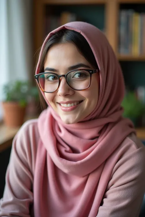 muslim woman wearing glasses and a pink scarf sitting in a living room, with glasses, spectacled, with accurate face, inspired by JoWOnder, with square glasses, student, wearing glasses, faridah malik, with glasses on, !!wearing modern glasses!!, girl with...