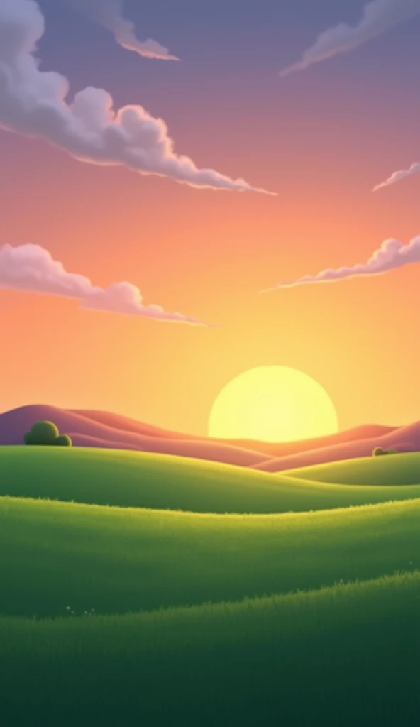 "A peaceful landscape of a sunset over a smooth green grassland, designed in an animation style. The grass is soft and evenly spread, gently swaying in a light breeze. The sky is vibrant with shades of orange, pink, and purple as the sun sets on the horizo...