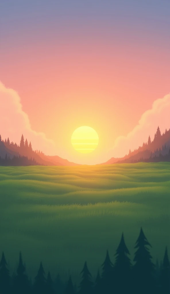 "A peaceful landscape of a sunset over a smooth green grassland, designed in an animation style. The grass is soft and evenly spread, gently swaying in a light breeze. The sky is vibrant with shades of orange, pink, and purple as the sun sets on the horizo...