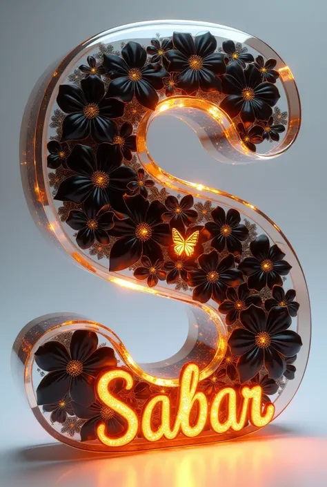 "A stylized glass letter S filled with bright black flowers and a butterfly at the center. The name Sabar is displayed in 3D glass-text beneath it, with a reflective surface and glowing highlights. Surrounding the letter are subtle golden rays, giving the ...