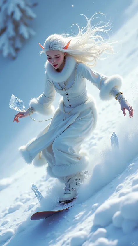 Ethereal snow elf on a snowboard her long white hair flutters in the wind (the ice deapes also flutters in the strong wind ) high speed, she uses her magic to remove the ice and snow out of her way