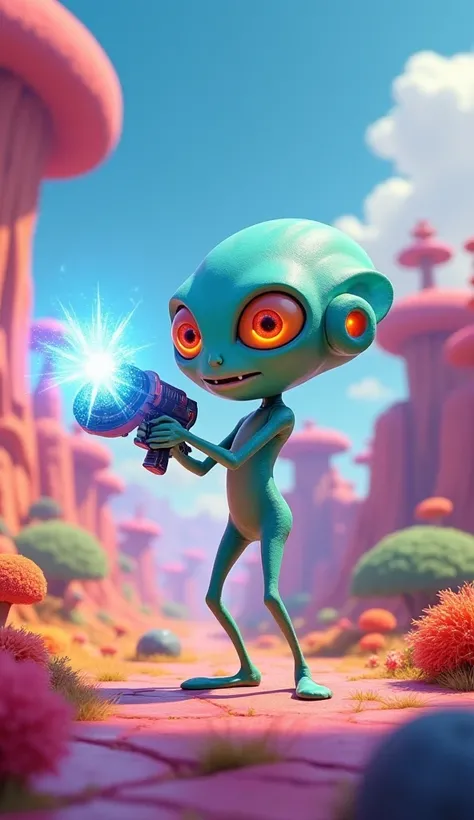 A alien with freez gun in colorful planet 3d pixar cartoon