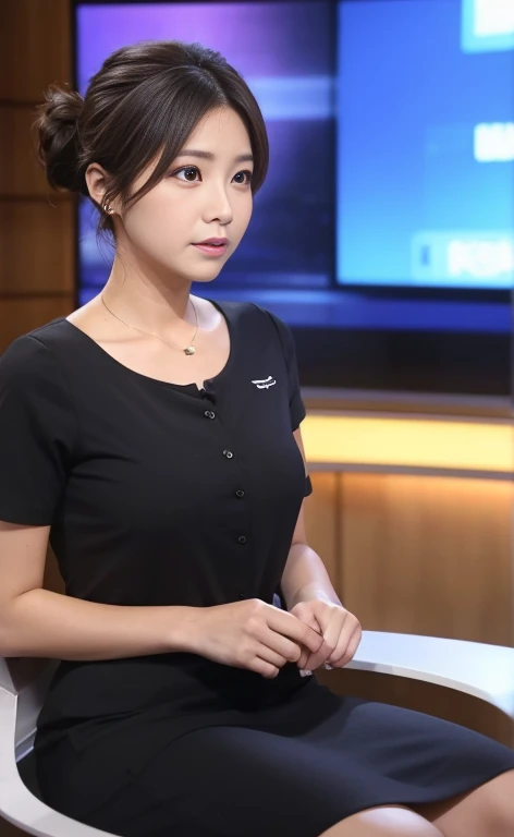 1 beautiful woman, announcer, sitting,skirt,in a news program, 30 years old,Tense look,Im keeping my hair up,Woman announcer,incident news tv screen background