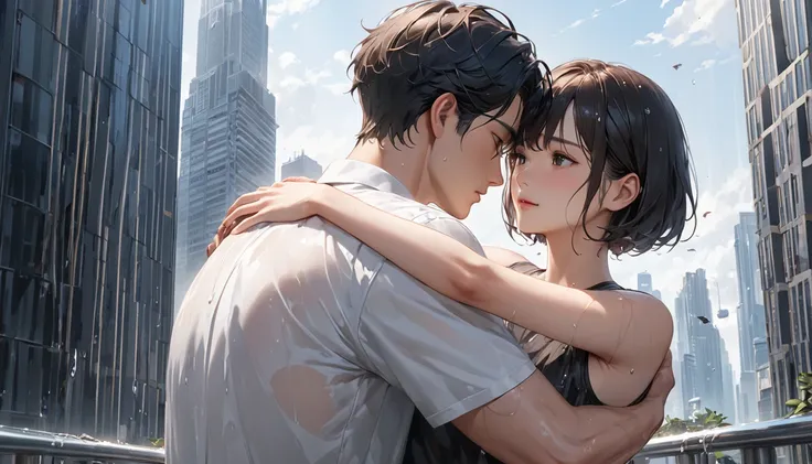 
 High Building,  masterpieces ,  very high resolution, pair, 2 people, man, 、slender、Short hair、brown、Short hair,  black hair、 wet white shirt、Upper part, Hug each other