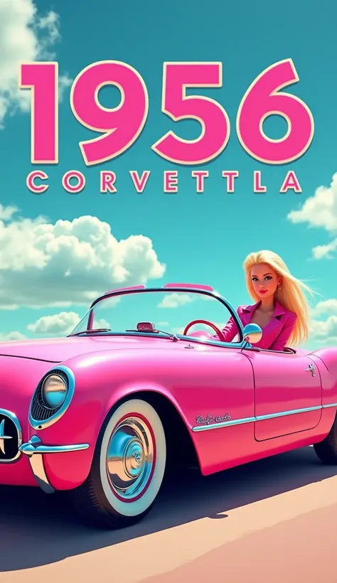 A pink 1956 Corvette with white custom wheels and white interior, convertible corvette 1956, Barbie inspired character on driver’s seat, pink leather jacket, sexy woman, front view , beautiful sunny day, blue sky and clouds, and the text just above the car...