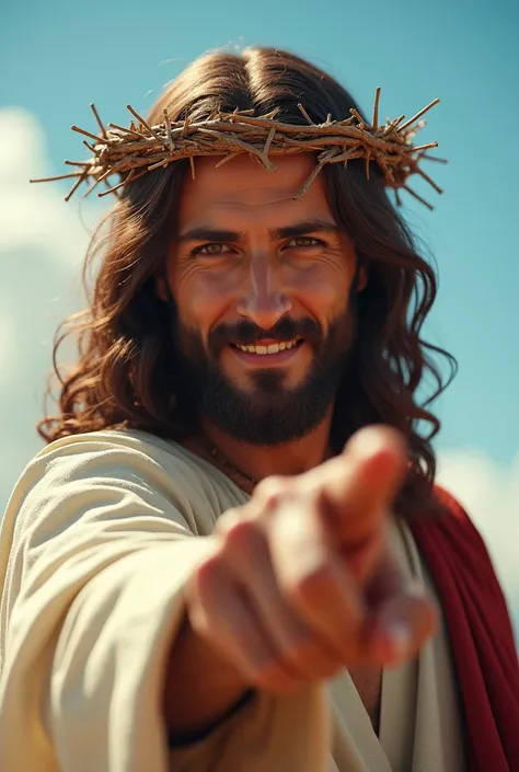 Ultra-realistic 8K image of Jesus looking directly at the camera with a light smile and a serene look. He is close to the viewer, pointing his index finger forward, drawing attention. Jesus wears a detailed crown of thorns, his expression conveying wisdom ...