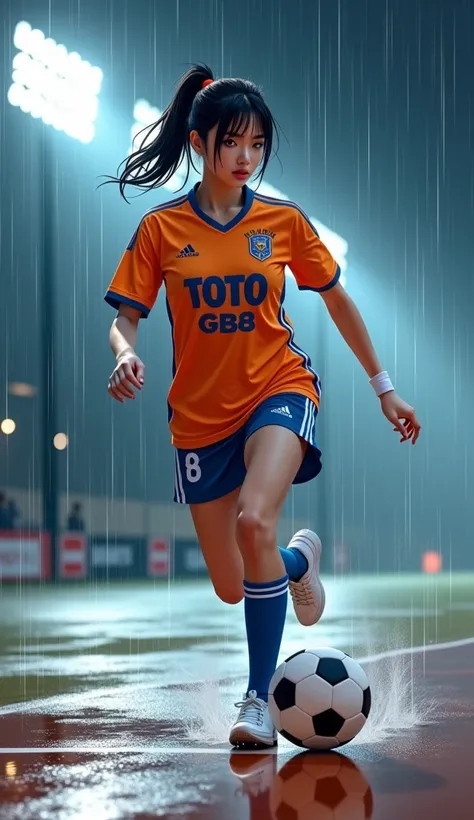 Create an extremely detailed illustration of an Asian sensual girl with an athletic and sexy appearance. She has medium-sized chest, medium buttocks, and a medium-length black ponytail. She is wearing an orange jersey T-shirt with the text "TOTO" in blue a...