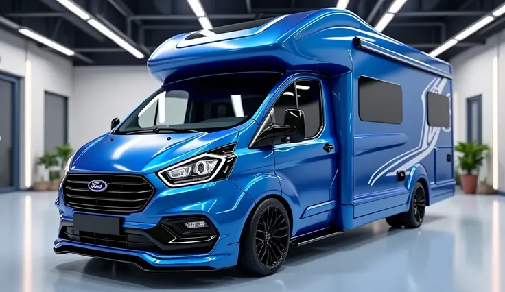 Create a ultra detailed 3d render modern(Ford motor home with bold design with "Gleamy (blue" clour with a "(Ford)" logo on its front with a large white detailed grille. And blavk alloy wheels ‘and.headlights" and with wide expended body “in glossy (blue w...