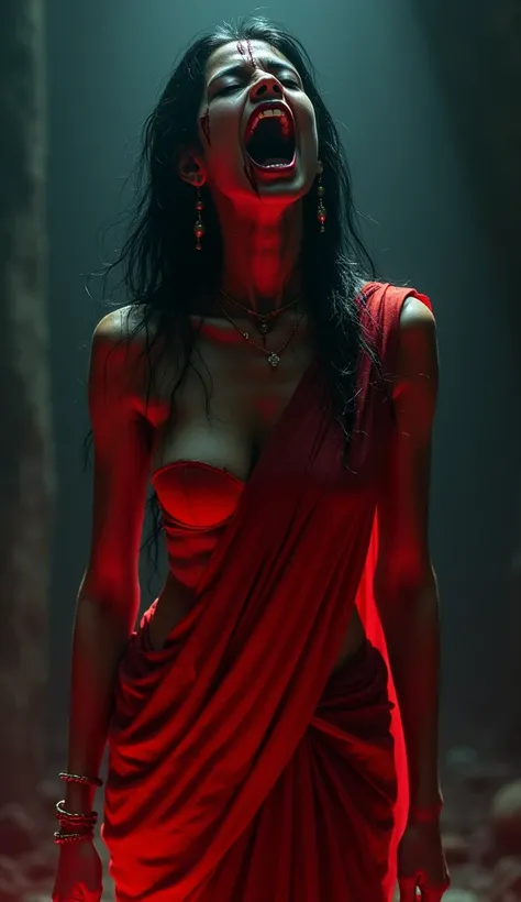 digital illustration of a scary seductive indian woman (spirit) in a sleeveless red saree, full body, screaming, cruel smile on face, blood on face and body, cleavage showing, dark and scary atmosphere, high quality, digital art, photorealistic, chiaroscur...