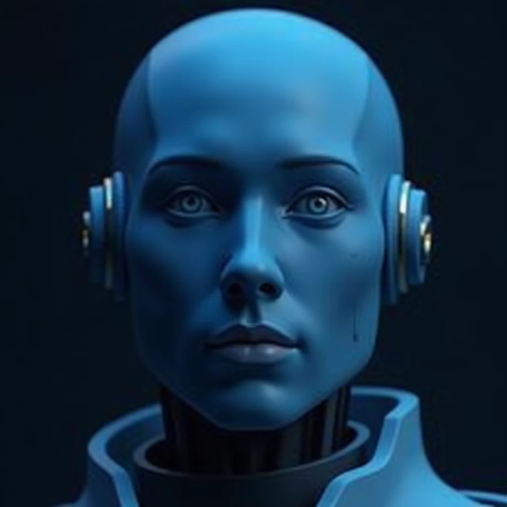 attractive robot face. gender-less, face color liner gradient of light and dark blue from left to right, innovative 2.5D, looking front, dark background