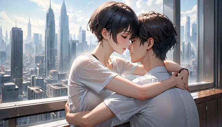 
 High Building,  masterpieces ,  very high resolution, pair, 2 people, man, 、slender、Short hair、brown、Short hair,  black hair、 wet white shirt、Upper part, Hug each other