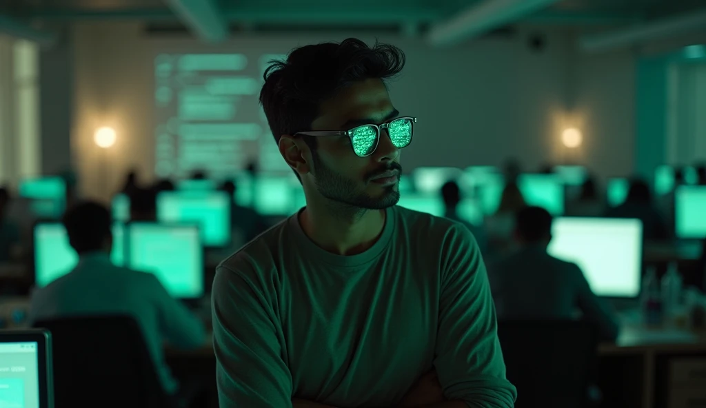 A medium shot of Rohan standing in the center of the office, looking at his colleagues who are working intently at their desks. The camera captures Rohans thoughtful expression as glowing green lines of code are reflected on his face and glasses. The backg...