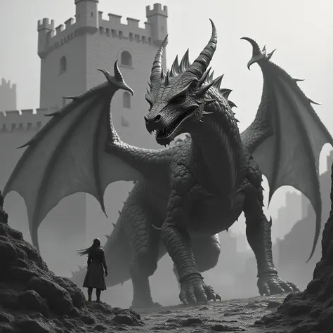 image dun dragon à lair menaçant devant un château fort médiéval, style fantasy en noir et blanc sur fond noir