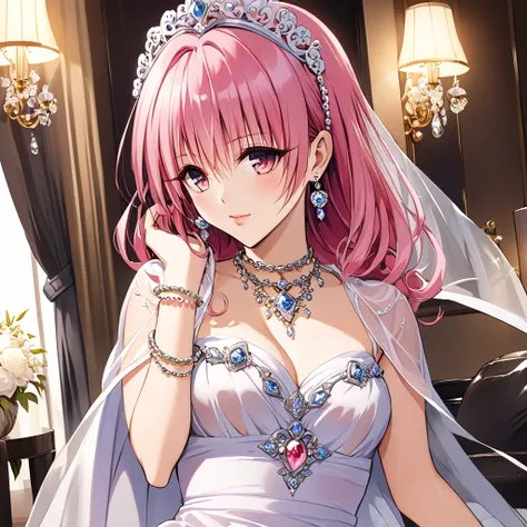 (( top quality )), ((masterpiece)), ( Details), （perfect face）、Pink-haired Momo Belia Deviluk, who became a millionaire wife, is a millionaire lady who wears a luxurious and beautiful see-through dress and see-through cape with white elegance, and wears lu...