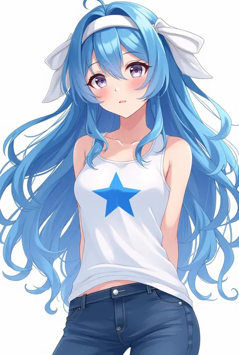  A female anime character , wave hair of blue color ,  right left hair there is a band brrcolor white , her middle white tank top is there a picture of a blue star,celana jeans bintang