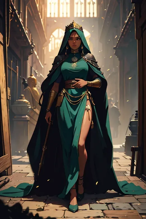  model shooting style , (   very detailed CG unity 8k wallpapers   ),    full size body photo of the most beautiful works of art in the world,  Medieval Queen , Green Veil,  dark skin ,  black women , golden crown,  diamond with s ,  medieval architecture ...