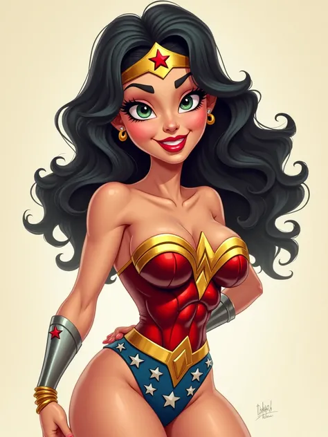 whimsical Pixar-style caricature cartoon image of Sexy Wonder Woman with the classic costume but revealing most of her sexy body, big breasts, erotic pose 