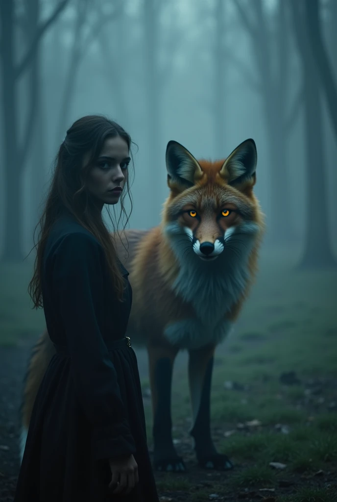 Create a cinematic video starting with a mysterious young woman standing alone under a spotlight in a dark and foggy environment. She has captivating features and an intense expression, looking directly into the camera. As she gazes forward, the scene dram...