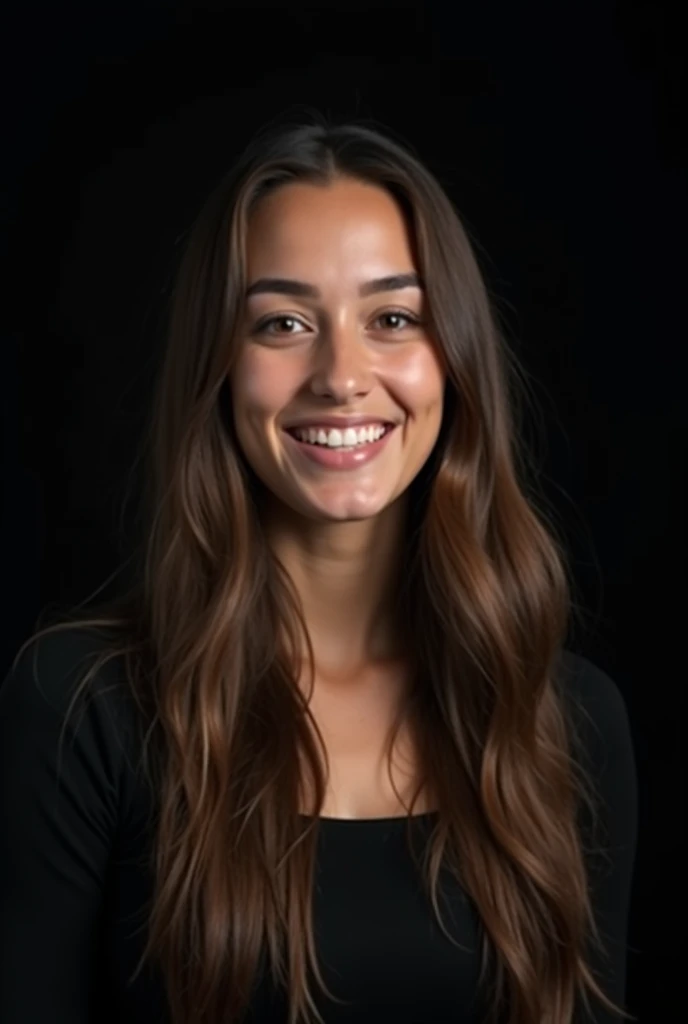 arafed woman with long hair and a black top smiling, headshot profile picture, taken in the early 2020s, 8k selfie photograph, in front of a black background, with a black background, taken in the late 2010s, headshot photo, standing with a black backgroun...