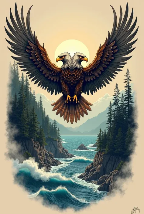 double-headed eagle flying above where sea and forest meet tatto