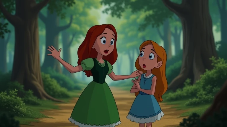 Hansel green dress, and Gretel blue dress being scolded by mom, cinematic, woods, cartoon.