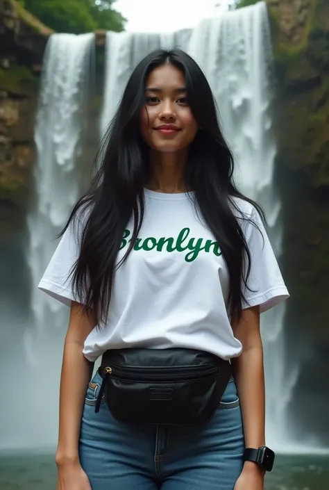 realistic photo of a 26 year old young beautiful standing in front of a waterfall. He was wearing a white t-shirt with green writing "Brooklyn" on it and a black fanny pack around his waist, wearing a black smart watch on his left hand. She has long black ...