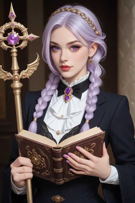 A young female protagonist with lavender-colored hair, set in a villainess-style fantasy novel. She is the eldest daughter of a notorious noble family, possessing a calm and intelligent INTJ personality, and is a student at a prestigious magical academy. H...