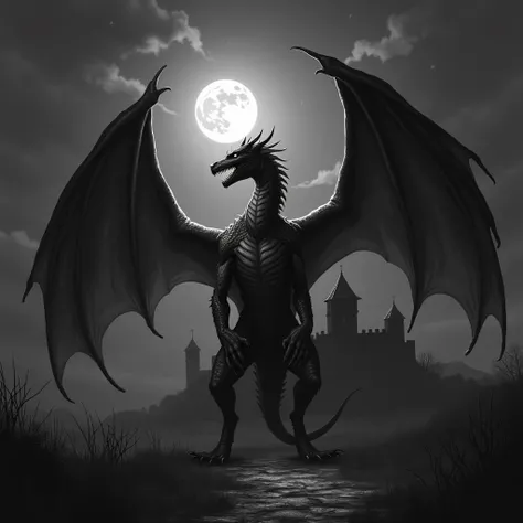 image dun dragon à lair menaçant devant un château fort médiéval par une nuit de pleine lune, style fantasy en noir et blanc sur fond noir