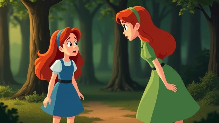 Hansel green dress, and Gretel blue dress being scolded by mother, cinematic, woods, cartoon.