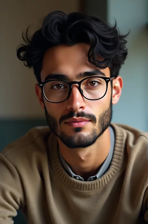 "A realistic portrait of a young man with a stylish appearance. He has curly black hair that frames his face, warm brown eyes, and a neat beard. He wears thin, modern spectacles that add to his intellectual and composed demeanor. Dressed in a casual sweate...