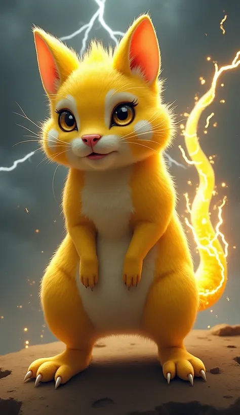 "A larger and more majestic version of the original yellow rodent creature. Its fur is sleeker and slightly darker, with golden accents that shimmer under the light. The tail has transformed into a longer, more intricate lightning-shaped design with glowin...