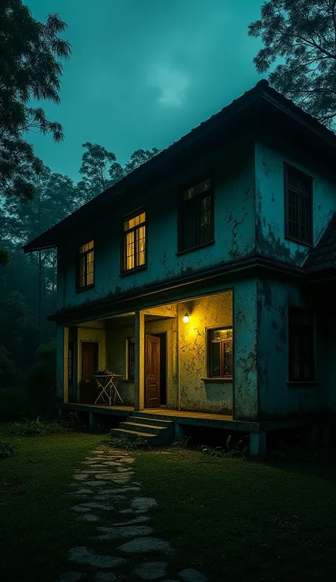 An old, run-down Indonesian boarding house at night, with cracked walls, broken windows, and flickering yellow lights. The environment is eerie, surrounded by dark trees, and the atmosphere is unsettling with a misty, haunted vibe.