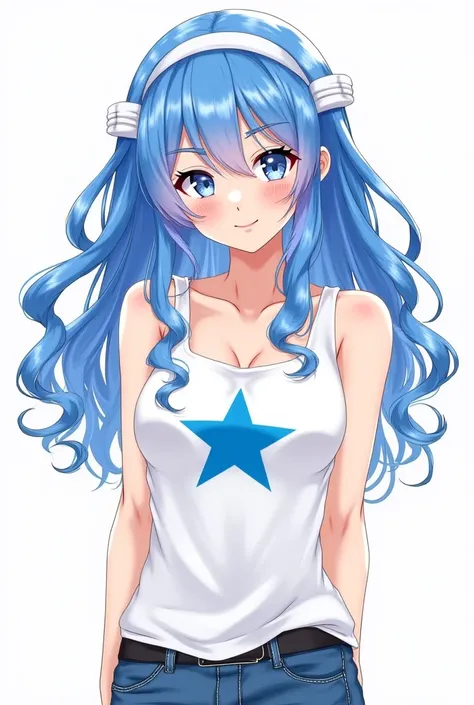  A female anime character , wave hair of blue color ,  right left hair there is a band brrcolor white , her middle white tank top is there a picture of a blue star,celana jeans bintang