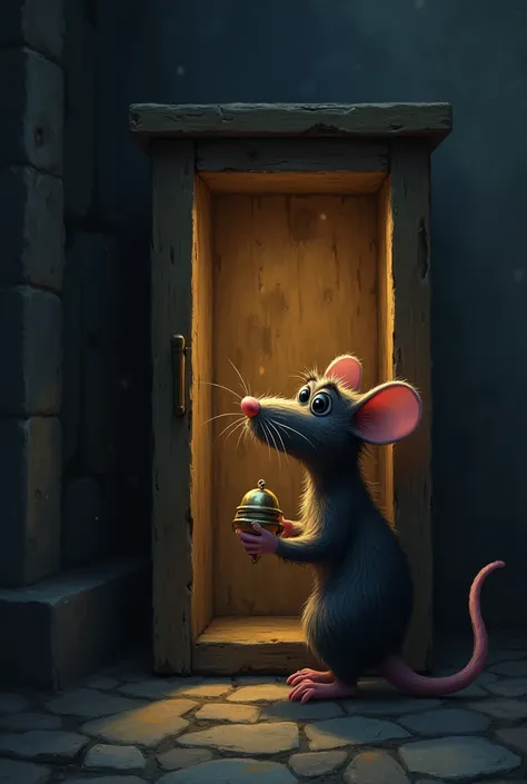 An old wooden cupboard in a dimly lit alley, with a clever rat discovering a shiny small bell inside. The rat looks curious and excited, with the moonlight streaming through cracks in the cupboard. Dust particles float in the air, adding a magical feeling ...