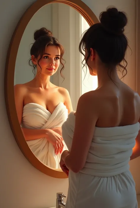 A 36-year-old chubby European woman ,  who wraps her body in a towel after a shower ,  stands in front of the mirror and looks at himself in the round mirror after a shower