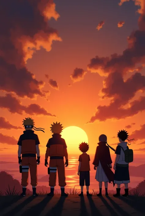 5 different anime character standing on the ground and looking towards the sunset. The anime character should be Naruto, Goku, Luffy, Kakashi and Itachi. The characters should be in the form of shadow.