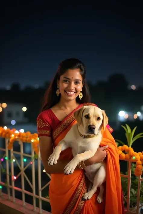 A young woman in elegant traditional Indian attire, wearing intricate gold earrings and a matching bracelet, is standing on a decorated balcony at night, holding a Labrador dog lovingly in her arms. The dog looks calm and happy. The woman has a warm, joyfu...