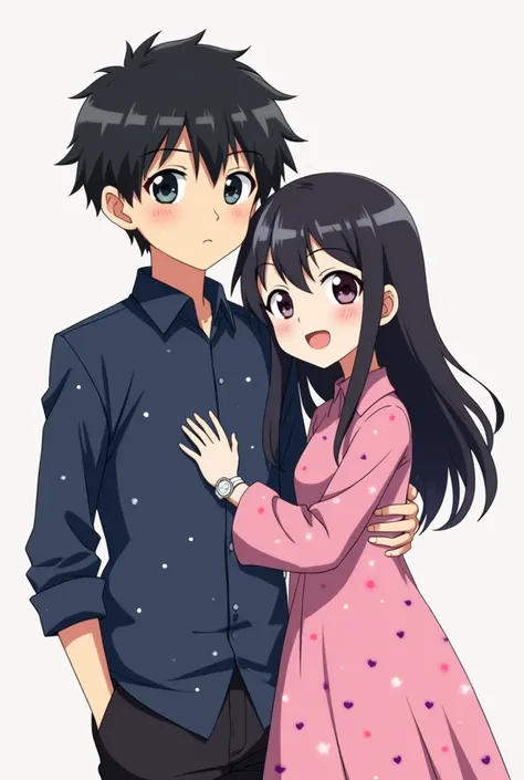 A cute handsome black hair anime boy wearing a navy blue shirt with very small white dots long sleeve folded and a white fossil watch in his wrist and cute anime black hair girl wearing a long pink frock with small purple and pink dots in it