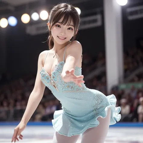   A woman in a short dress is showing off figure skating、 Beautiful and Elegant 、 skating rink、Acting at a figure skating competition 、Looking at the camera、  detailed beautiful eyes 、  cute smile、  a soft and gentle expression  