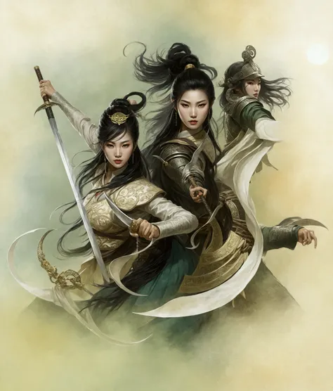 A painting of two Asian women in costumes holding swords and the crescent moon, Chinese Fantasy, Full body martial arts, Wuxia, Zhao Yun,  yiqiang and shurakrgt , Guan Yu,  A beautiful art illustration , xianxia fantasy, Ruan Jia and artgerm,  Chinese myth...