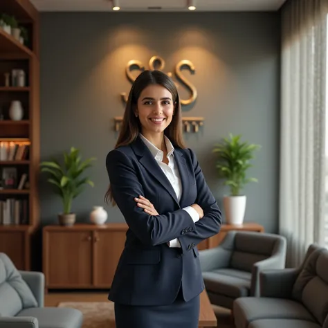 A pakistani female secretary standing with logo of S&S Cement Professionals Company Limited, on office wall