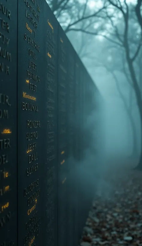 A close-up of the wall, with faint mist swirling around it. The etched names emit a subtle glow, and faint, ghostly faces can be seen within the mist, blending seamlessly into the forest background.