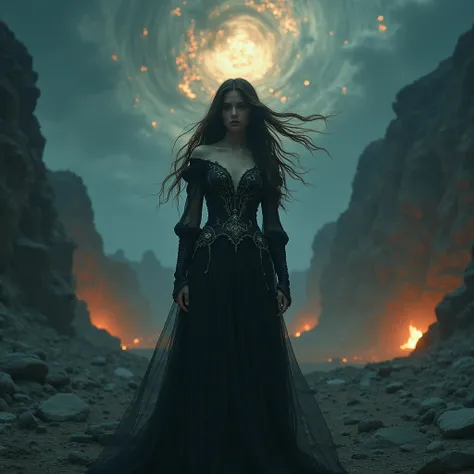 A dramatic, atmospheric album cover featuring a mysterious and melancholic young woman standing under a fractured, darkened sky filled with faint, glowing fragments of light resembling embers. Her expression is somber yet captivating, with flowing hair cau...