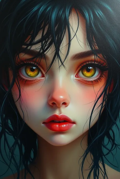 A face with two fried egg eyes  , beautiful and detailed eyes ,  beautiful detailed lips ,  extremely detailed eyes and face,  long eyelashes , messy colorful hair,  dramatic lighting, , thick, Textured brush strokes,  melancholic atmosphere , Vibrant pale...